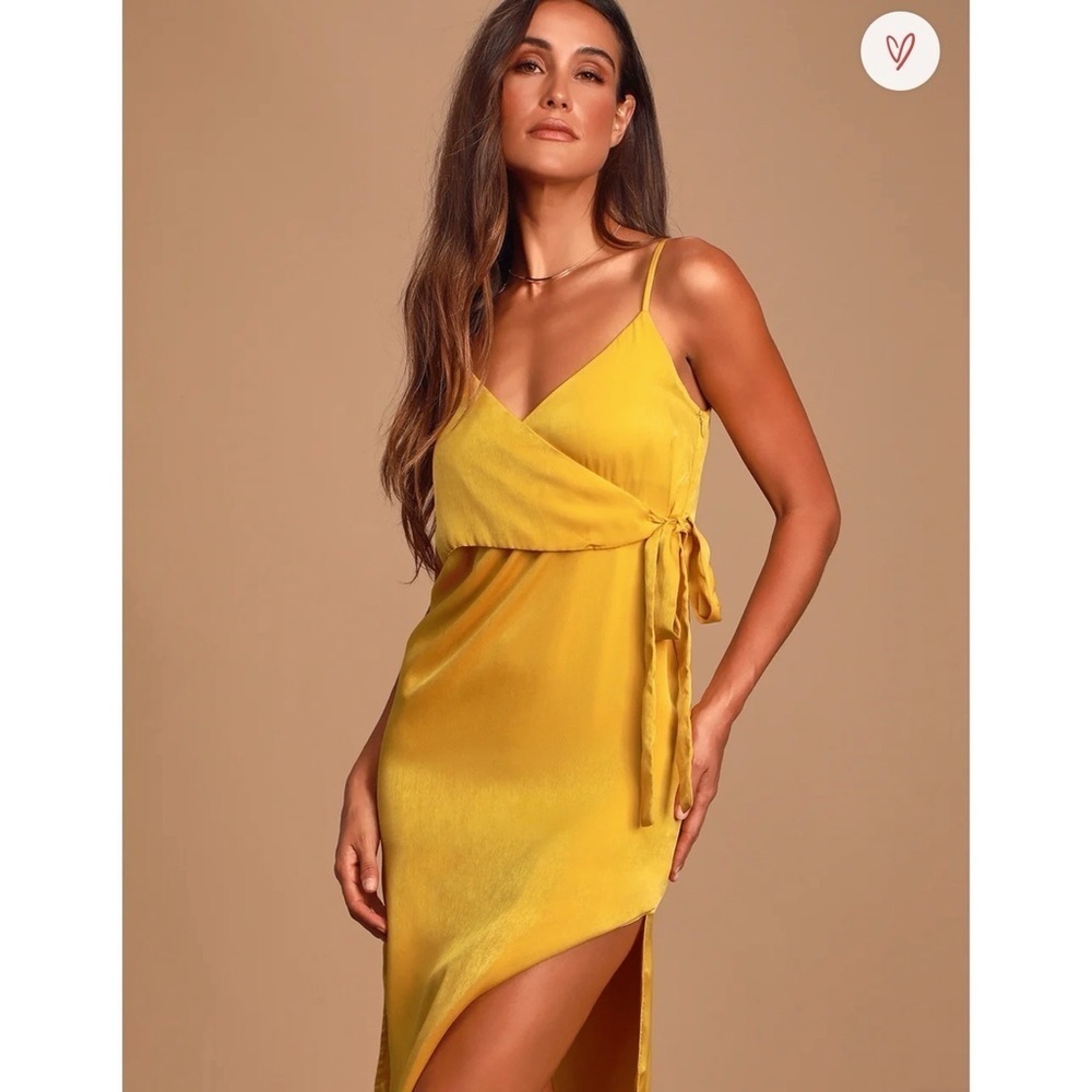 J.O.A. Yellow Mustard Satin Midi Wrap Dress​​​​ - Picture 2 of 8